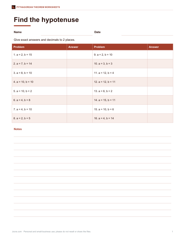 Preview of Printable Hypotenuse Worksheet